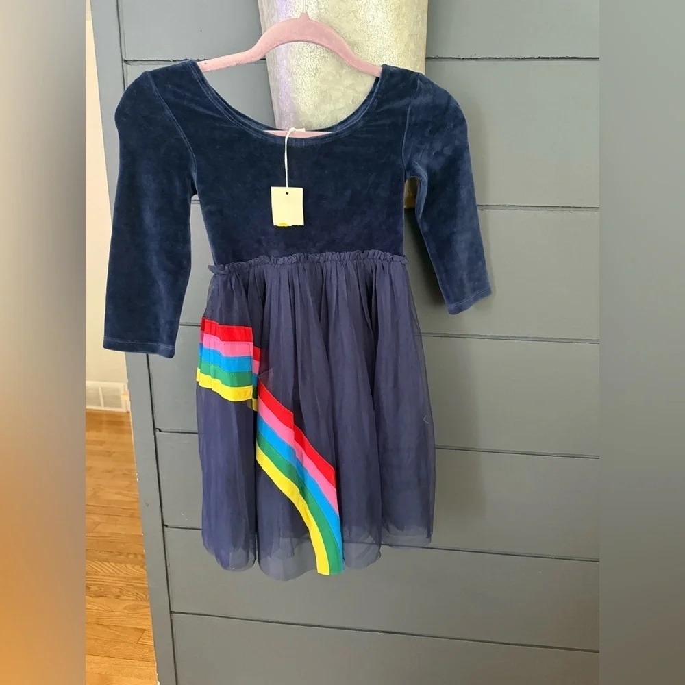 Mini Boden Velvet Bodice Tulle Dress in College Navy Rainbow 7-8 NWT